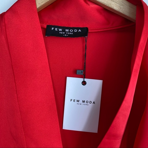 FEW MODA Satin Wrap Asymmetrical High Low Long Sleeve Ruffle Dress - Picture 6 of 9